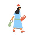 Woman walking with Christmas presents. Vector illustration