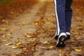 Woman walking cross country trail in autumn forest Royalty Free Stock Photo