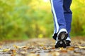 Woman walking cross country trail in autumn forest Royalty Free Stock Photo