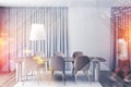 Woman walking in dining room with beige chairs Royalty Free Stock Photo