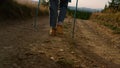 Woman walking on dirt road in field. Female traveler using trekking poles Royalty Free Stock Photo