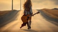 Woman walking on a dirt road with guitar