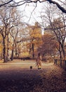 Woman Walking Dog at Central Park New York City during Fall Season NY Royalty Free Stock Photo