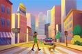 Woman walking dog in city flat vector illustration