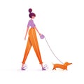 Woman walking with dog. Cute girl character walking with dachshund on leash outdoor. Leisure time with pet concept Royalty Free Stock Photo