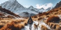 Woman Walking Dog Down Beautiful Mountain Path in Autumn Winter With Snowy Peaks Outdoors