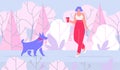 Woman Walking with Dog in Flat Cartoon Forest