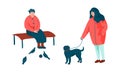 Woman Walking the Dog and Granny Sitting on Bench in the Park in Spring Season Vector Set