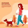Woman walking dog on leash. girl leading pet in park illustration Royalty Free Stock Photo