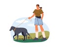 Woman walking with dog outdoor. Vector pet stroll