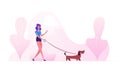 Woman Walking with Dog Outdoors at Summertime. Female Character Spending Time with Dachshund Pet in Park Relaxing, Leisure