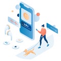 Woman walking dog with smartphone, listening to music, radio, audiobook or podcast online, vector isometric illustration Royalty Free Stock Photo