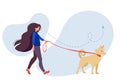 Woman walking a dog in the summer. Cute vector illustration in flat style