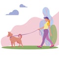 Woman walking a dog in the summer. Cute vector illustration in flat style