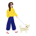 Woman is walking with a dog. Illustration in a flat style