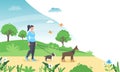 Woman is walking with a dog. Vector illustration in flat style dog walking girl in spring park. Royalty Free Stock Photo