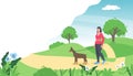 Woman is walking with a dog. Vector illustration in flat style dog walking girl in spring park Royalty Free Stock Photo