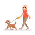Woman is walking with a dog. Vector illustration