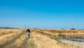 Woman walking down path through grasslands with large blue sky Royalty Free Stock Photo