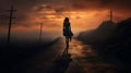 A woman walking down a road at sunset. Generative ai Royalty Free Stock Photo