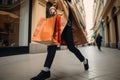 A woman walking down a street carrying shopping bags. AI generative image.