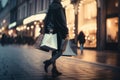 A woman walking down a street holding shopping bags. AI generative image.