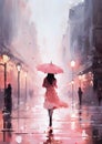 A woman is walking down a street holding an umbrella. The breath Royalty Free Stock Photo