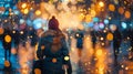 A woman walking down a street with lights in the background, AI Royalty Free Stock Photo