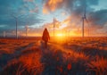 Woman walking in field at sunset with wind turbines Royalty Free Stock Photo