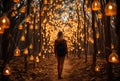 A woman walking through a forest filled with lights. Generative AI image. Royalty Free Stock Photo