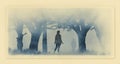 A woman walking in the forest in the fog meets a man who appears from the fog in this watercolor painting Royalty Free Stock Photo