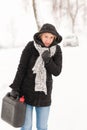 Woman walking with gas can winter car Royalty Free Stock Photo