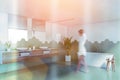 Woman walking in green tile bathroom Royalty Free Stock Photo