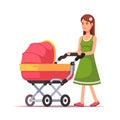 Woman walking with her child in a pink pram