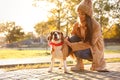 Woman walking her cute Beagle dog in autumn park Royalty Free Stock Photo