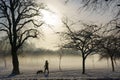 A Silhouetted Figure of a Woman Walking Her Dog Along a Snow Covered Path. Royalty Free Stock Photo