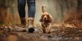 A woman walking her dog in the woods Royalty Free Stock Photo