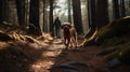 Woman walking with her dog in the woods Royalty Free Stock Photo