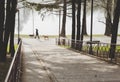 Woman walking her dogs early in the morning Royalty Free Stock Photo