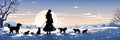 A woman walking her dogs in the snow, AI Royalty Free Stock Photo