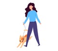 Woman walking her playful orange dog on a leash. Female pet owner enjoying a fun walk with her energetic puppy. Cheerful