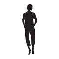 Woman walking in high heels shoes, jacket and trousers. Hands in pockets. Isolated vector silhouette