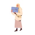 Woman walking with holiday gift box. Happy female going and carrying Christmas present. Person holding festive winter