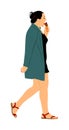 Woman walking with ice cream vector illustration. Summer girl eat sweet candy. After work time for dessert. Happy lady enjoy.