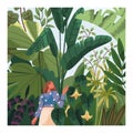 Woman walking among leaf plants in botanical garden, park. Person in green nature, card design. Floral conservatory with Royalty Free Stock Photo