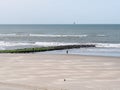 Woman walking near breakwater on beach of North Sea coast of West Frisian island Vlieland, Netherlands Royalty Free Stock Photo