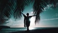 Woman walking on night tropical beach. Travel Royalty Free Stock Photo