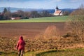 Woman walking on a path outdoors, hiking pratice for relaxing and staying healthy Royalty Free Stock Photo