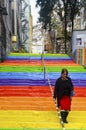Woman is walking in the rainbow-colored stairs