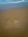 Woman walking on sand beach leaving footprints in the sand. Closeup detail of female feet at Brazil